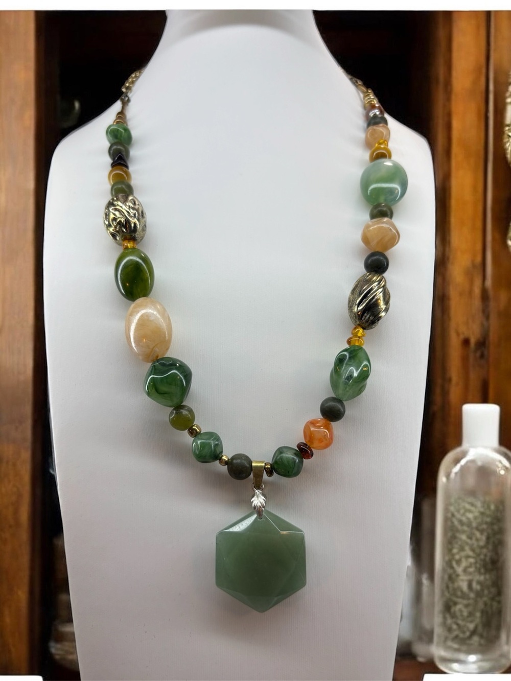 “Verdant Hex”-Green Aventurine Gemstone,Mossy Green Stones,Vintage Acrylic,Amber - Picture 2 of 7